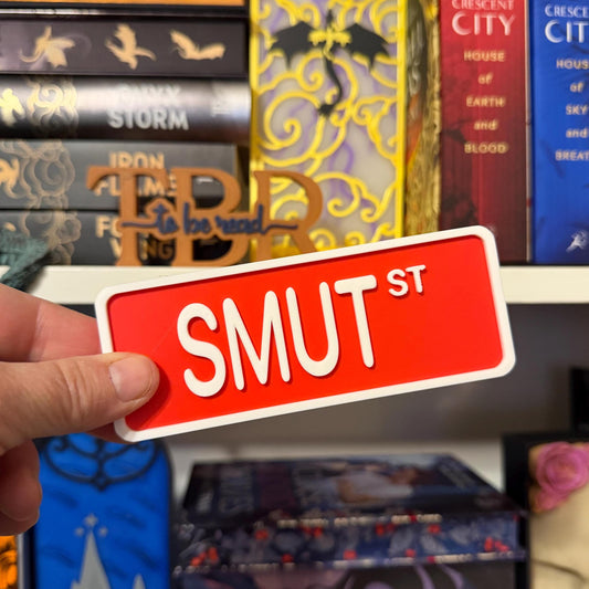Smut St Street Sign Shelf Sitter | Spicy Romance Bookshelf Decor | Bookish Desk Nameplate