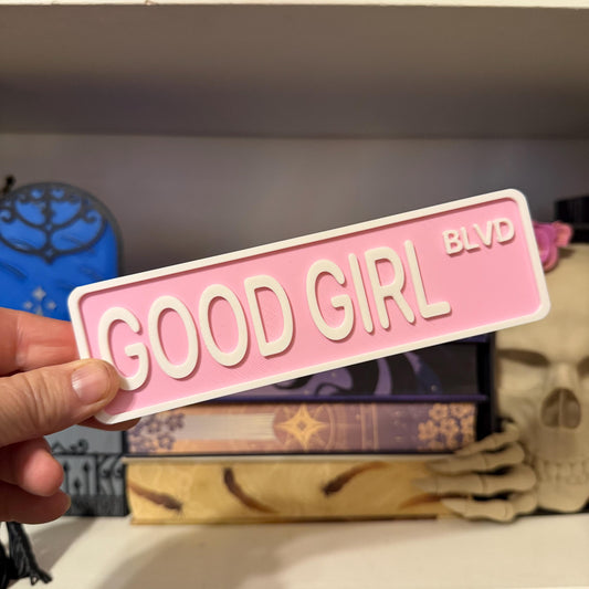 Good Girl Blvd Street Sign Shelf Sitter | Spicy Romance Bookshelf Decor | Bookish Desk Nameplate