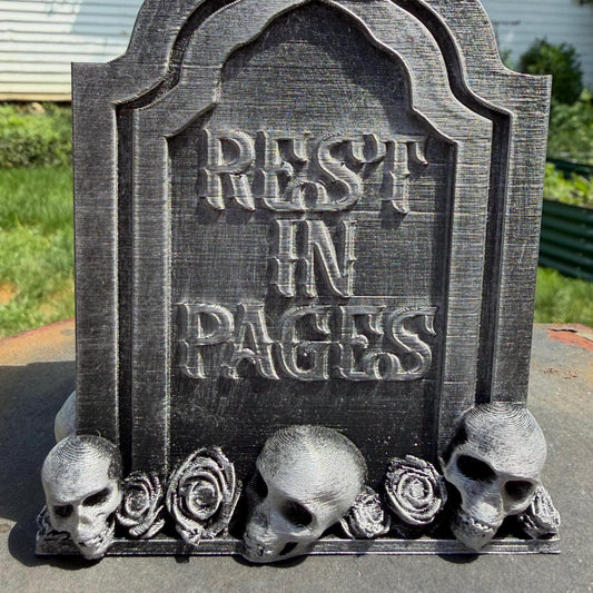Gothic Double-Sided Tombstone Bookmark Holder | Read in Peace & Rest in Pages | Dark Fantasy Bookshelf Decor with Skulls and Roses