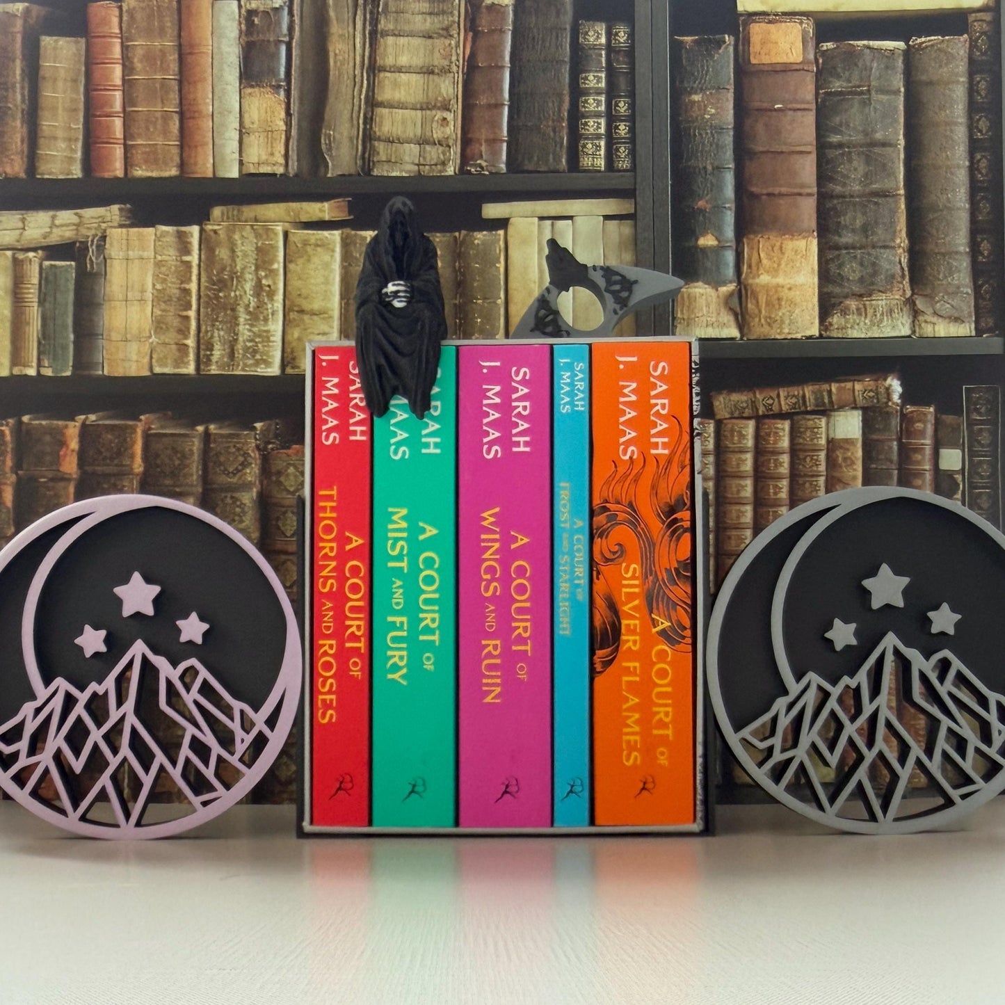 Fantasy Inspired Bookends | Crescent Moon, Stars, Mountain Bookshelf Decor