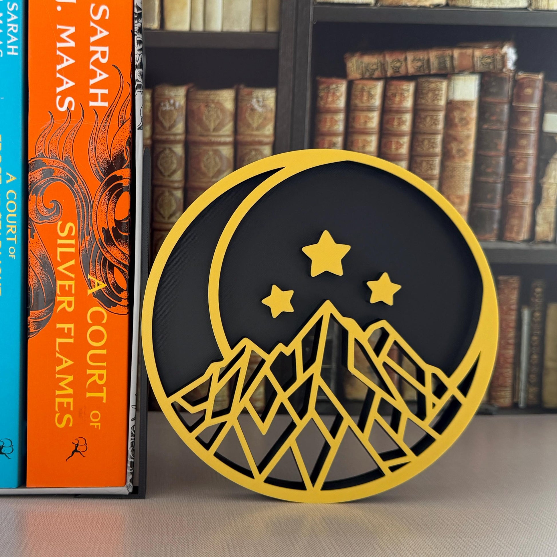 Fantasy Inspired Bookends | Crescent Moon, Stars, Mountain Bookshelf Decor