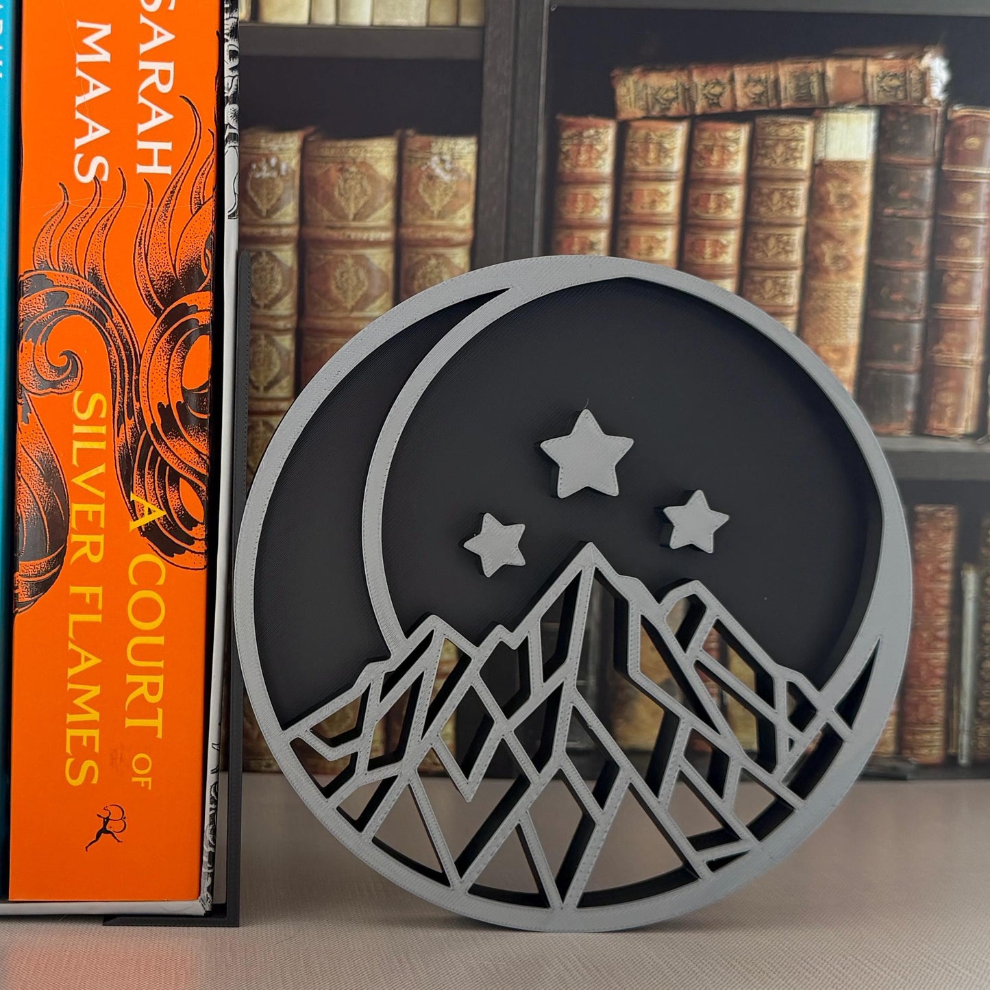 Fantasy Inspired Bookends | Crescent Moon, Stars, Mountain Bookshelf Decor