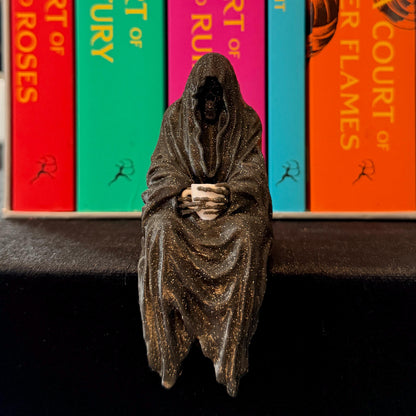 ACOTAR inspired Suriel with tea mug 3d printed shelf sitter, as seen in black/silver glitter and white color option.