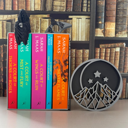 Fantasy Inspired Bookends | Crescent Moon, Stars, Mountain Bookshelf Decor