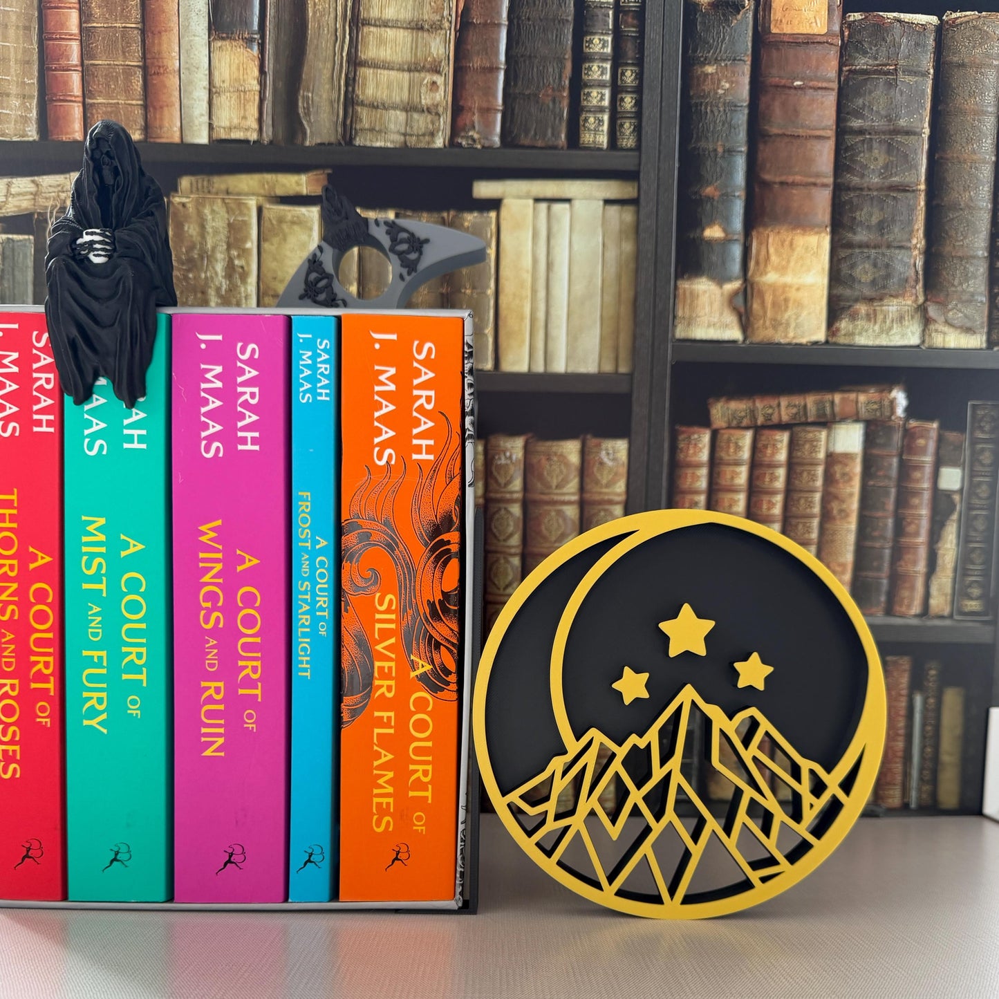 Fantasy Inspired Bookends | Crescent Moon, Stars, Mountain Bookshelf Decor