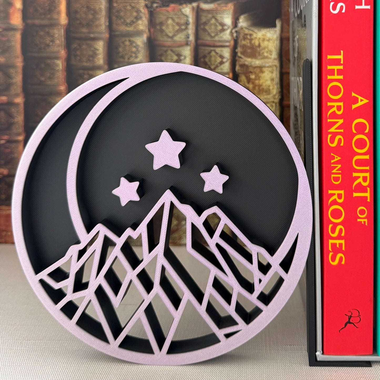 Fantasy Inspired Bookends | Crescent Moon, Stars, Mountain Bookshelf Decor