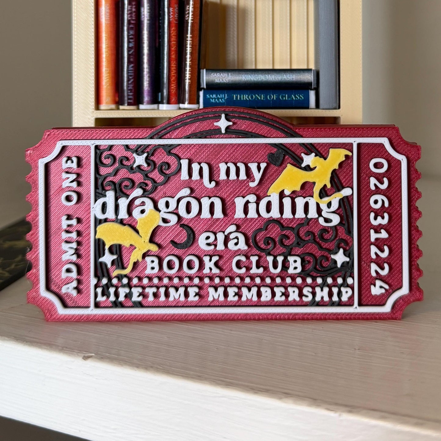 In My Dragon Riding Era Book Club Ticket Bookshelf Sitter
