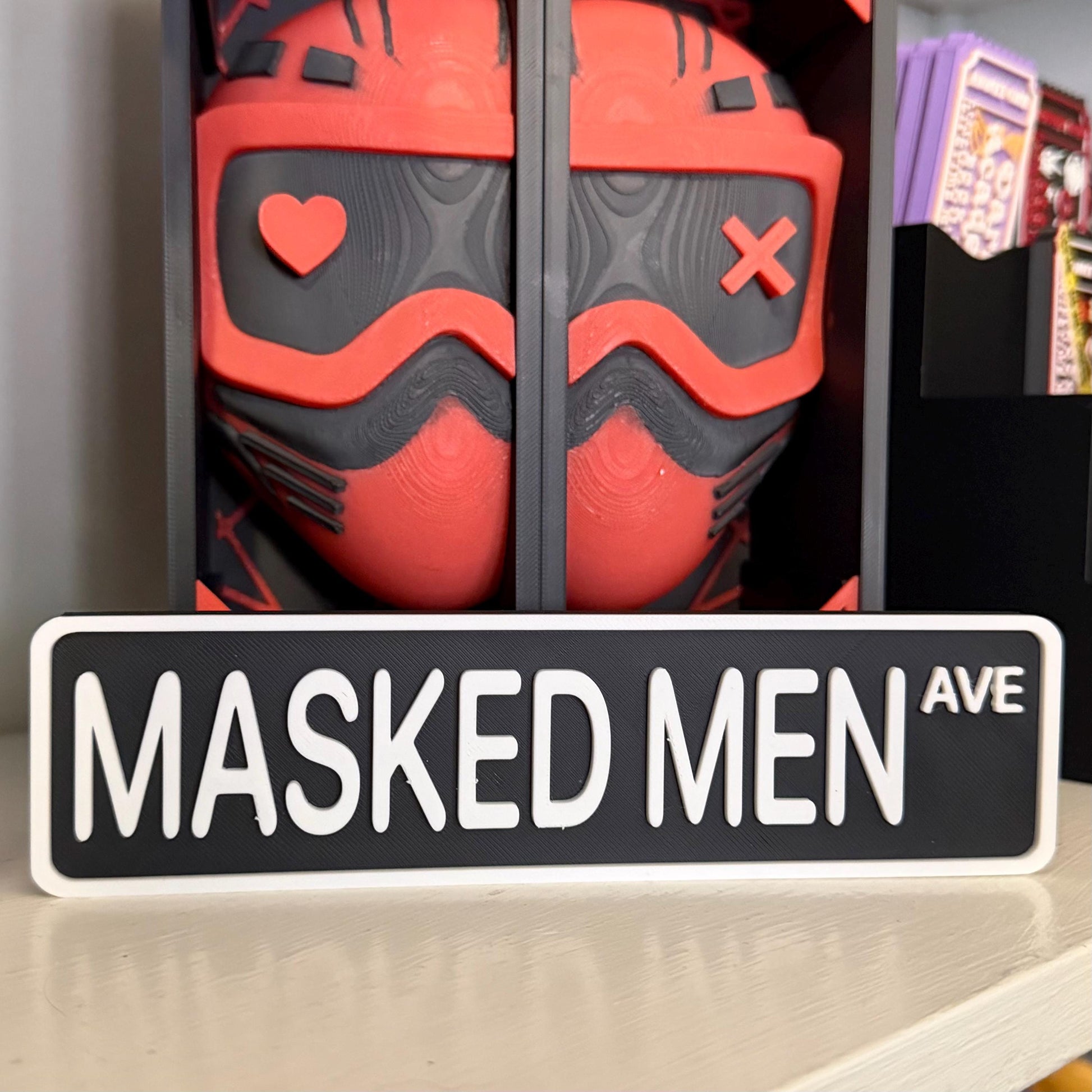 Masked Men Ave Street Sign Shelf Sitter | Dark Romance Bookshelf Decor | Booktok Desk Nameplate