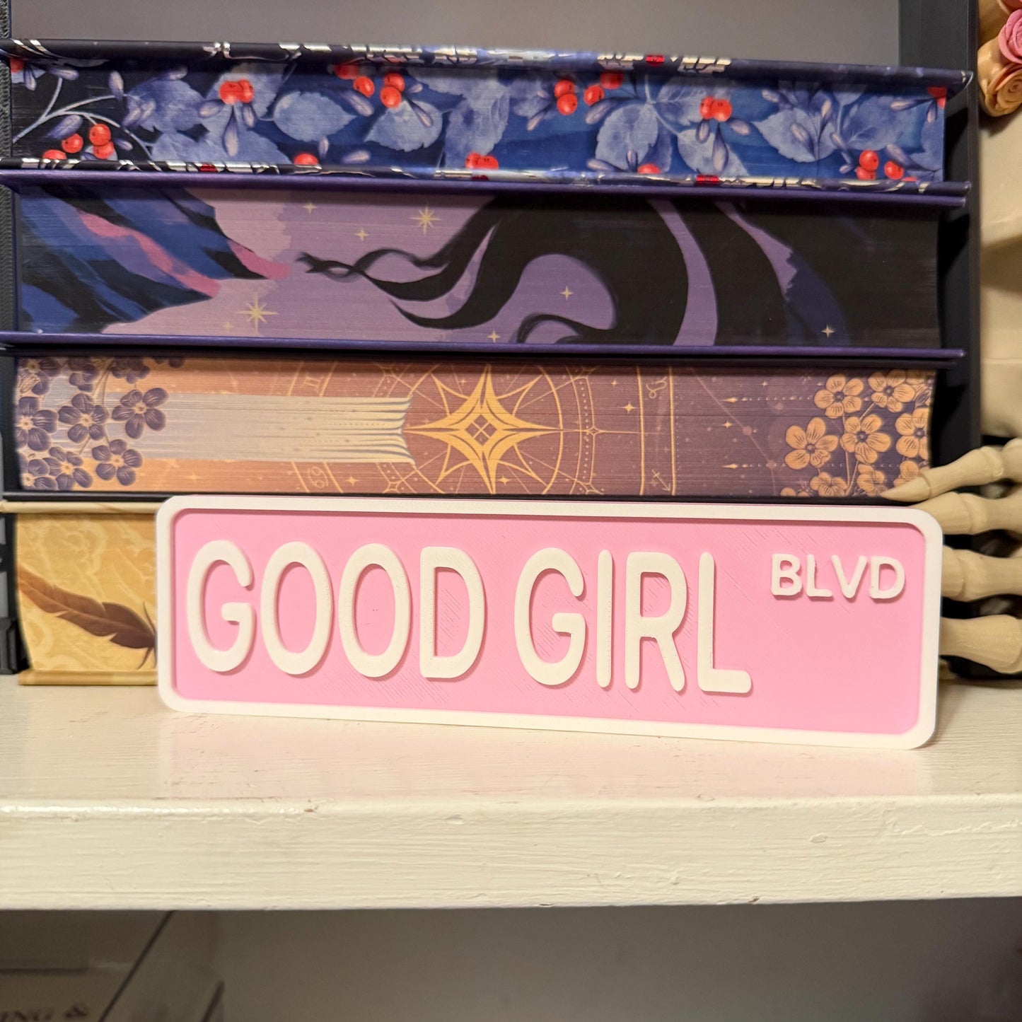 Good Girl Blvd Street Sign Shelf Sitter | Spicy Romance Bookshelf Decor | Bookish Desk Nameplate