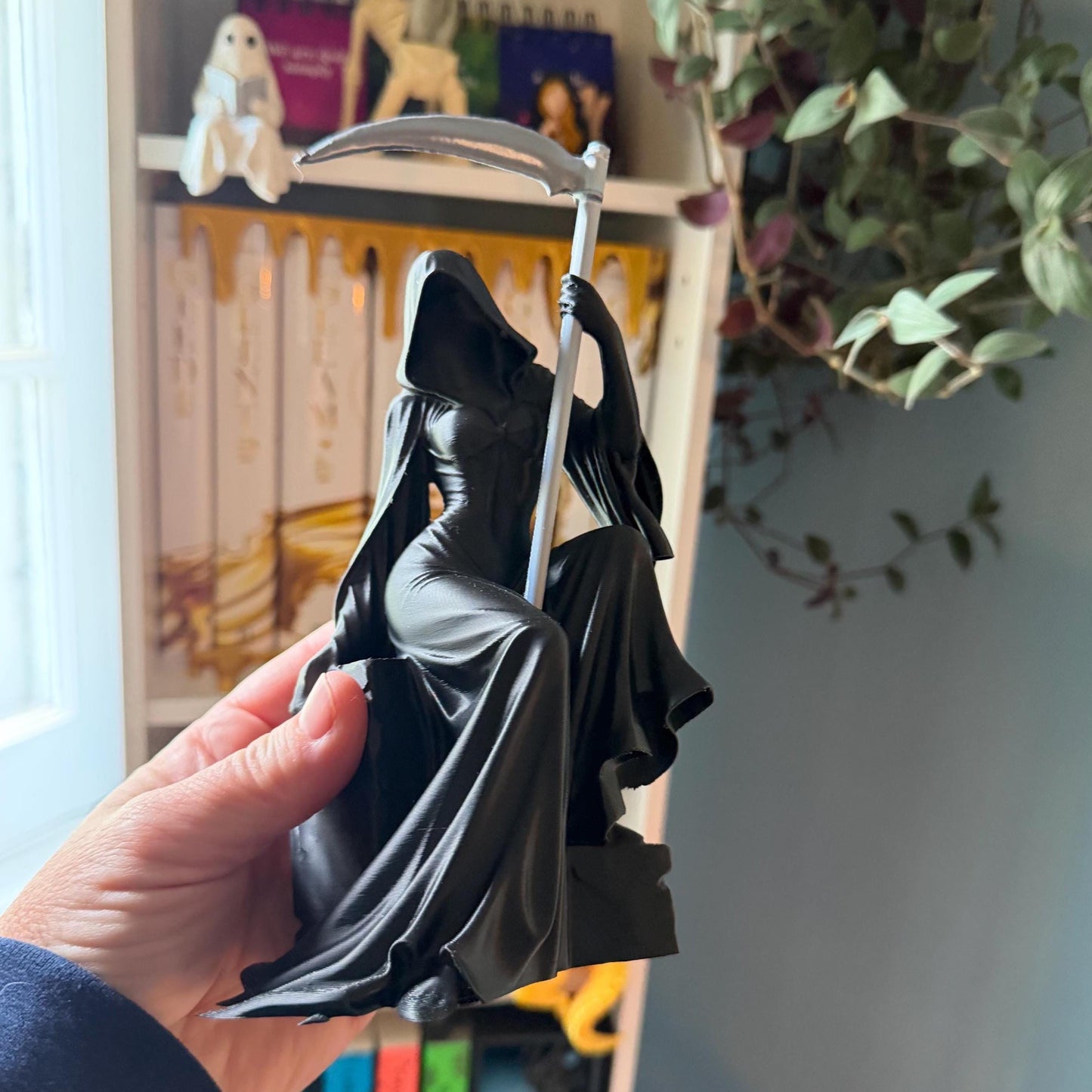Female Grim Reaper Sitting Statue | Reapress Gothic Home Decor | Dark Fantasy Desk Figurine