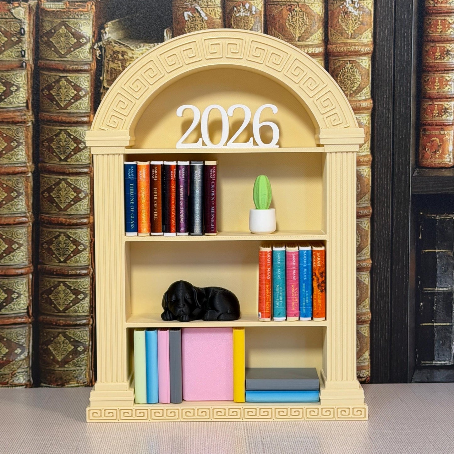 Arched Greek Key Bookcase | Miniature Book Tracker | Classical Library Decor