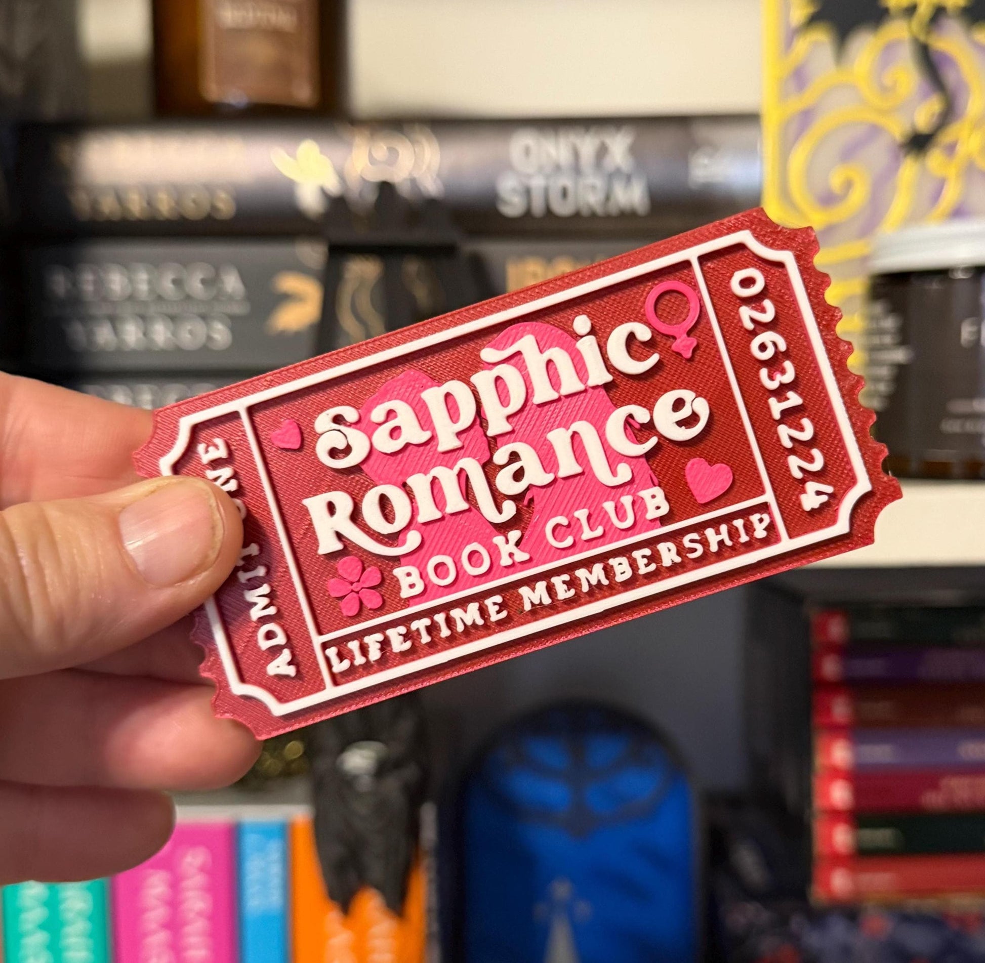 Sapphic Romance Book Club Ticket | LGBTQ Bookshelf Decor | Bookish Shelf Sitter