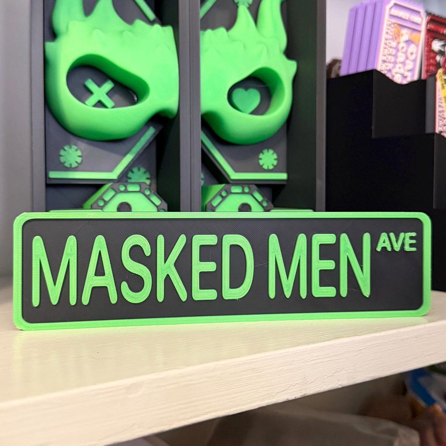 Masked Men Ave Street Sign Shelf Sitter | Dark Romance Bookshelf Decor | Booktok Desk Nameplate
