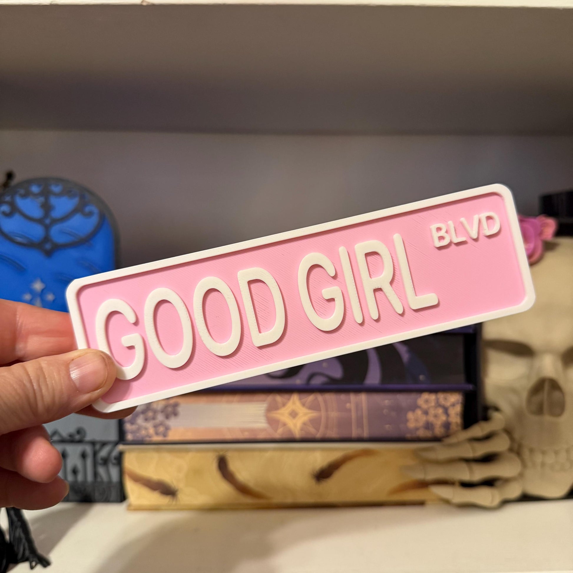 Good Girl Blvd Street Sign Shelf Sitter | Spicy Romance Bookshelf Decor | Bookish Desk Nameplate