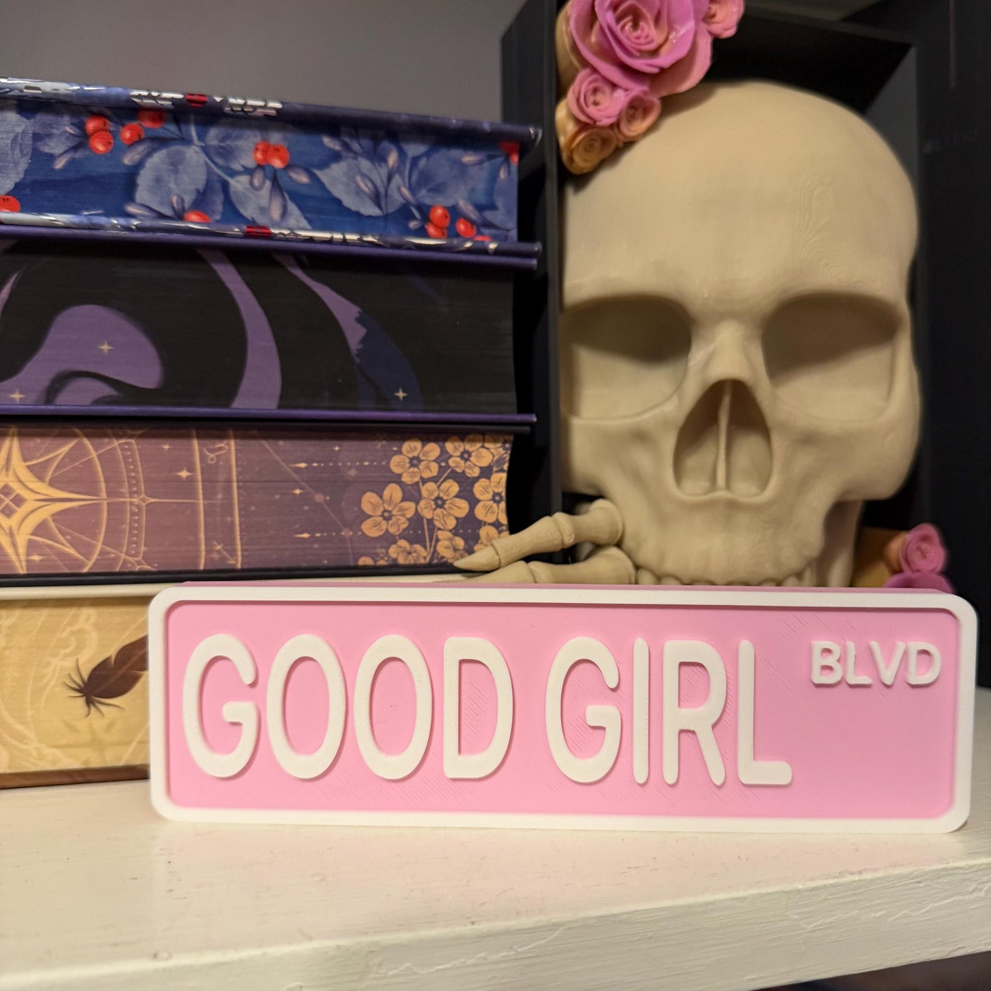 Good Girl Blvd Street Sign Shelf Sitter | Spicy Romance Bookshelf Decor | Bookish Desk Nameplate