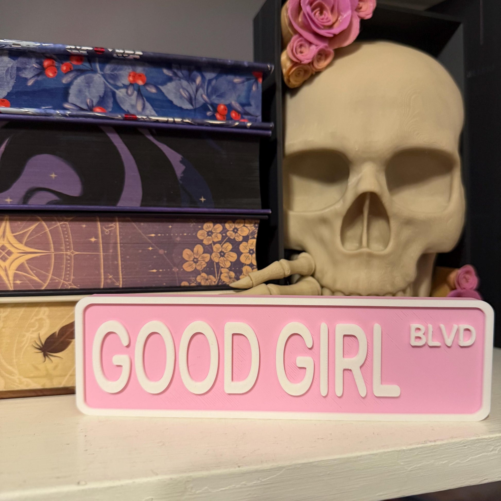 Good Girl Blvd Street Sign Shelf Sitter | Spicy Romance Bookshelf Decor | Bookish Desk Nameplate