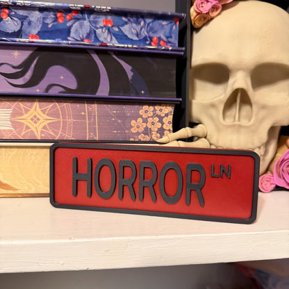 Horror Ln Street Sign Shelf Sitter | Spooky Bookshelf Decor | Bookish Desk Nameplate