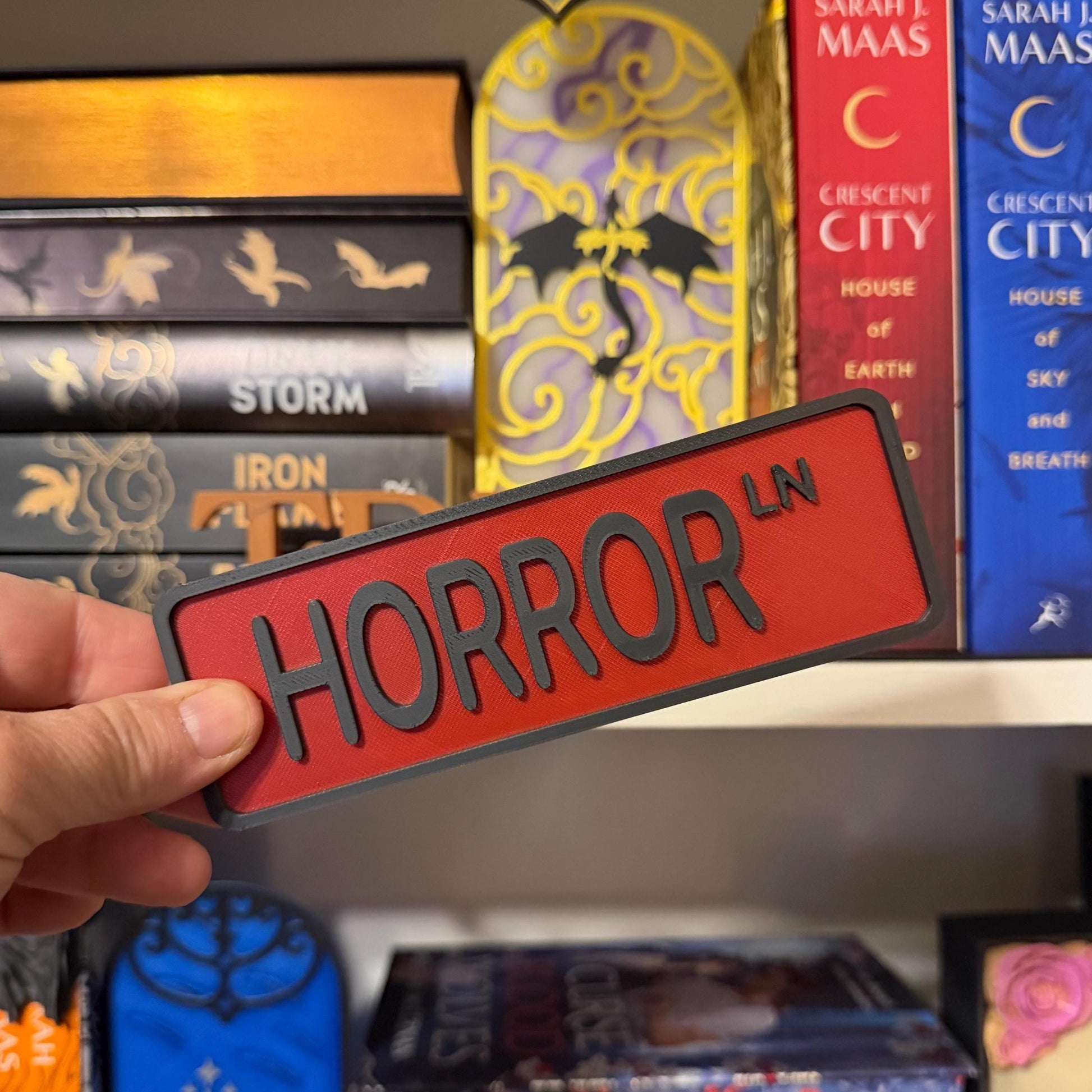 Horror Ln Street Sign Shelf Sitter | Spooky Bookshelf Decor | Bookish Desk Nameplate