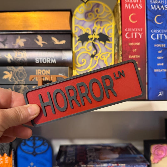Horror Ln Street Sign Shelf Sitter | Spooky Bookshelf Decor | Bookish Desk Nameplate