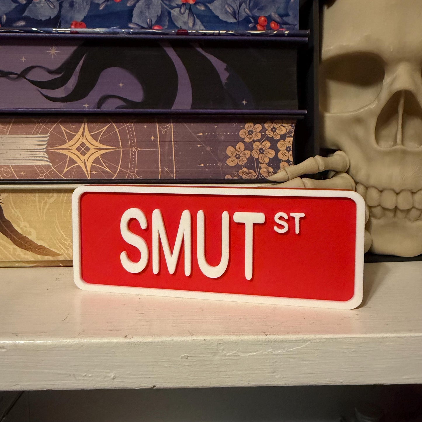 Smut St Street Sign Shelf Sitter | Spicy Romance Bookshelf Decor | Bookish Desk Nameplate
