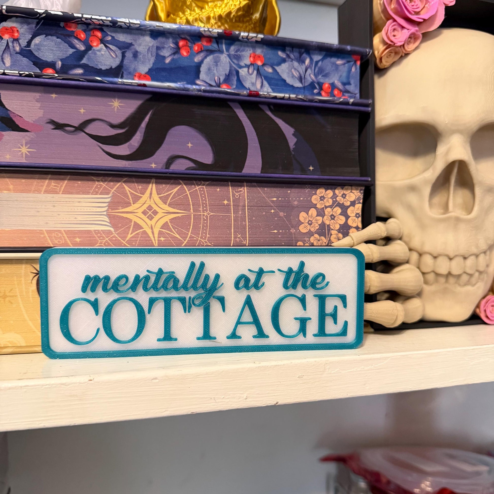 Mentally at the Cottage Sign Shelf Sitter | Cozy Bookshelf Decor | Bookish Desk Nameplate