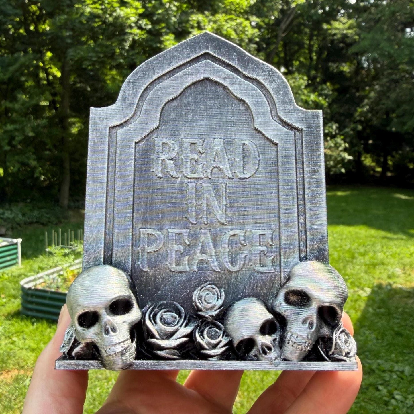 Gothic Double-Sided Tombstone Bookmark Holder | Read in Peace & Rest in Pages | Dark Fantasy Bookshelf Decor with Skulls and Roses