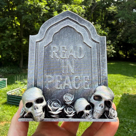 Gothic Double-Sided Tombstone Bookmark Holder | Read in Peace & Rest in Pages | Dark Fantasy Bookshelf Decor with Skulls and Roses