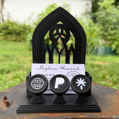 Gothic Business Card Holder with NFC Tags | Customizable Vendor Display Stand