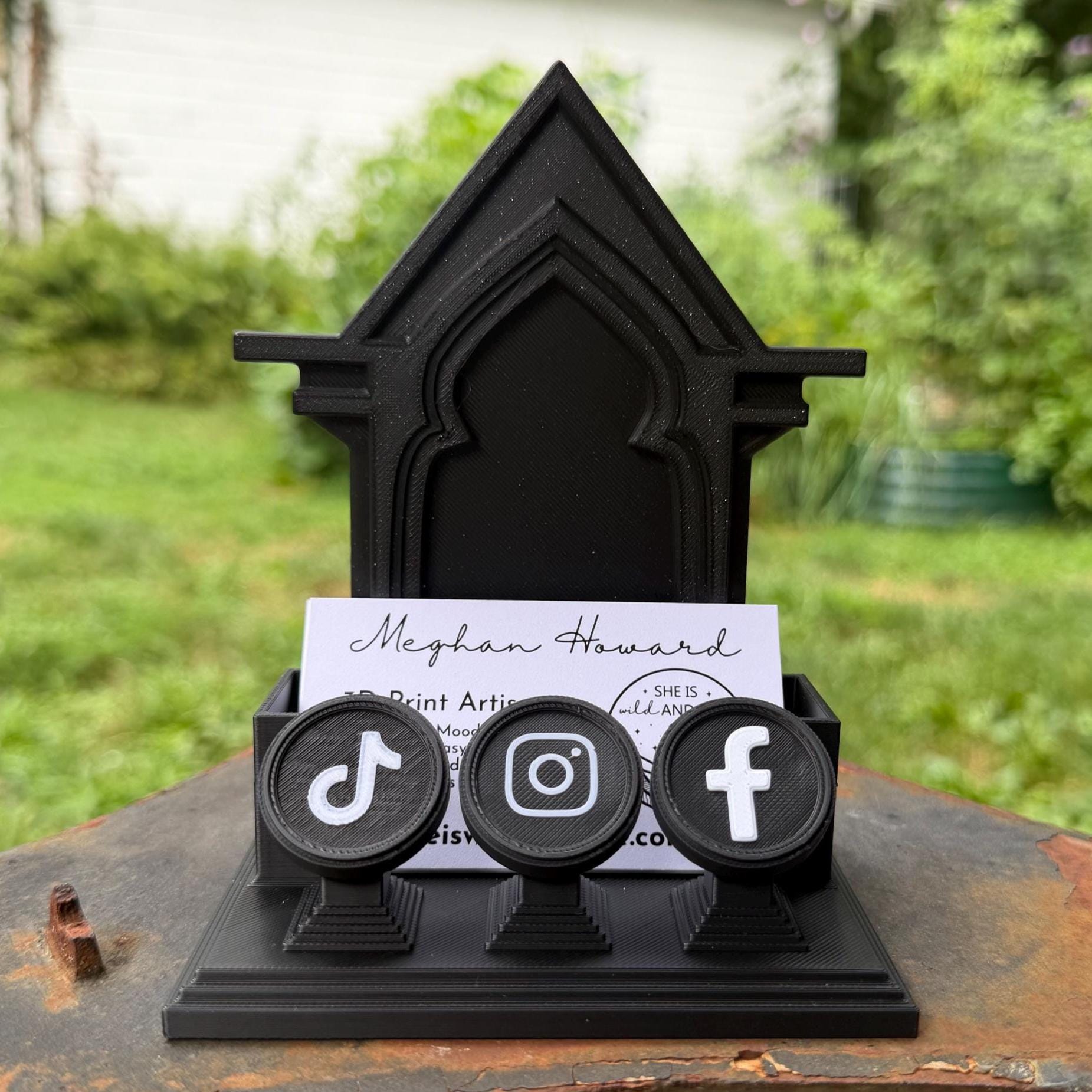 Gothic Business Card Holder with NFC Tags | Customizable Vendor Display Stand