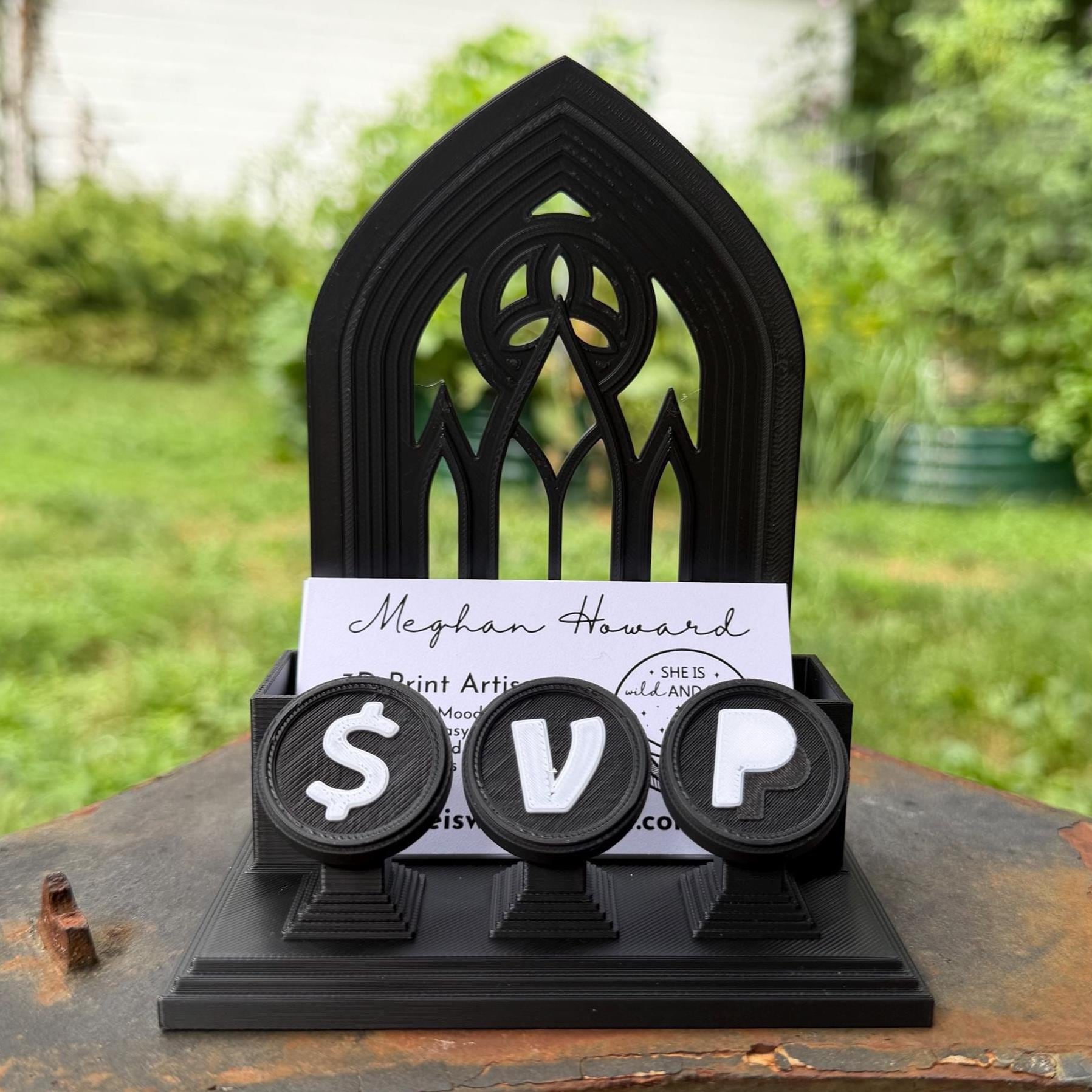 Gothic Business Card Holder with NFC Tags | Customizable Vendor Display Stand