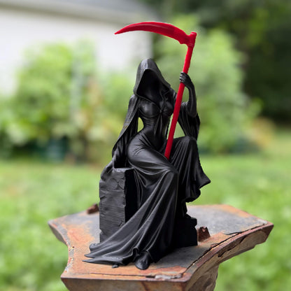 Female Grim Reaper Sitting Statue | Reapress Gothic Home Decor | Dark Fantasy Desk Figurine