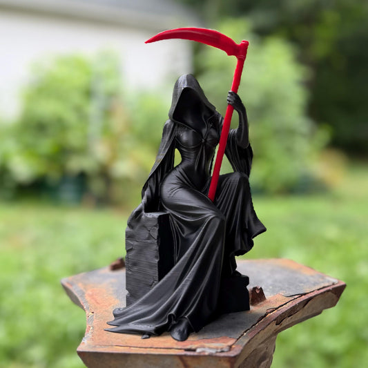 Female Grim Reaper Sitting Statue | Reapress Gothic Home Decor | Dark Fantasy Desk Figurine
