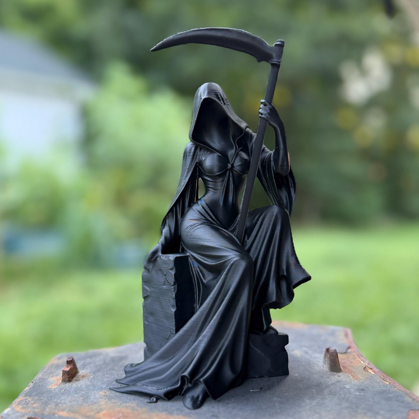 Female Grim Reaper Sitting Statue | Reapress Gothic Home Decor | Dark Fantasy Desk Figurine