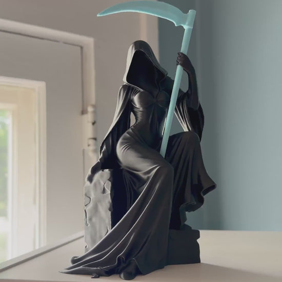 Female Grim Reaper Sitting Statue | Reapress Gothic Home Decor | Dark Fantasy Desk Figurine