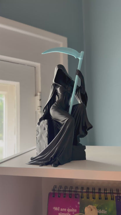 Female Grim Reaper Sitting Statue | Reapress Gothic Home Decor | Dark Fantasy Desk Figurine