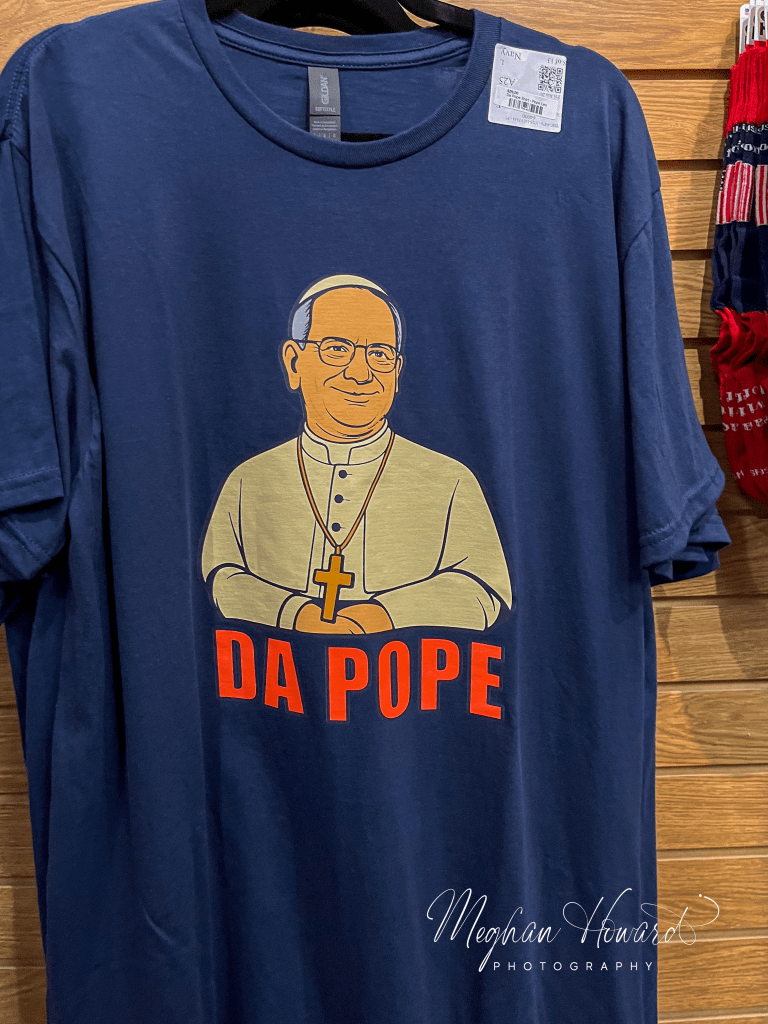 “Da Pope” t-shirt from the Basilica of St. Josaphat gift shop in Milwaukee, featuring a cartoon of the new pope.
