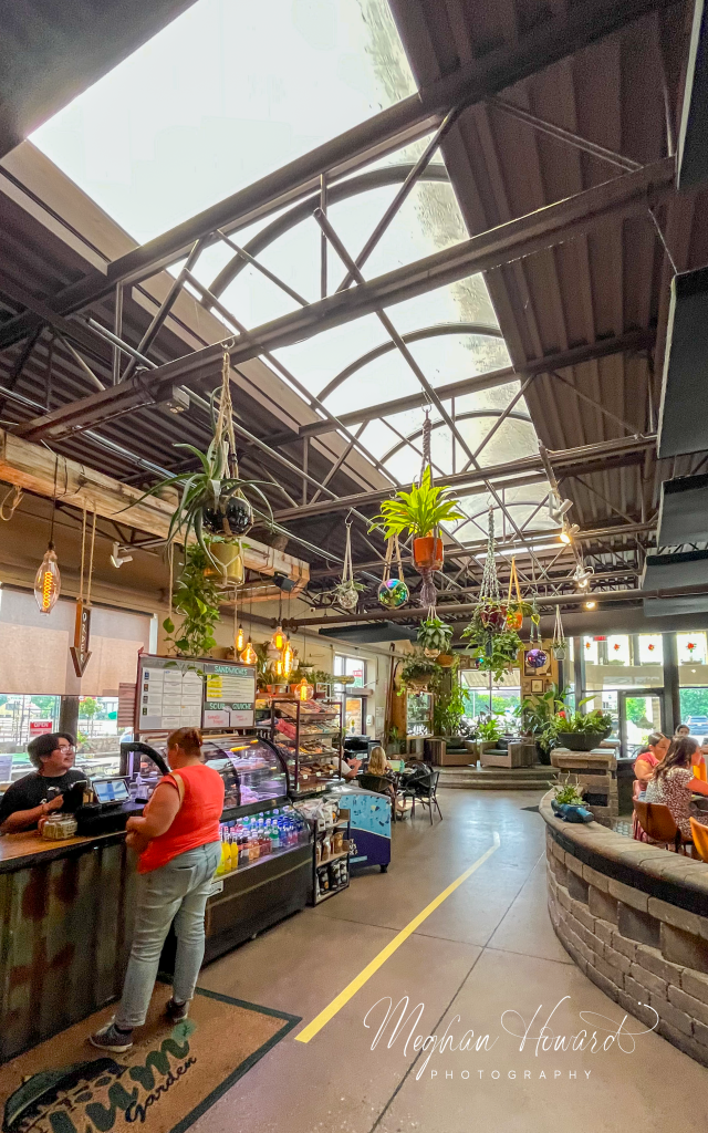 Interior of Blüm Coffee Garden in Milwaukee, showing the counter, skylights, and hanging plants that create a greenhouse-style café atmosphere.