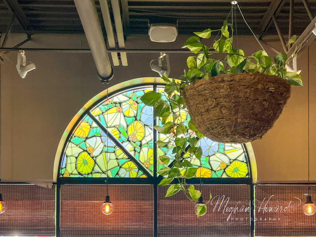 Stained glass window inside Blüm Coffee Garden in Milwaukee with a hanging plant in the foreground.