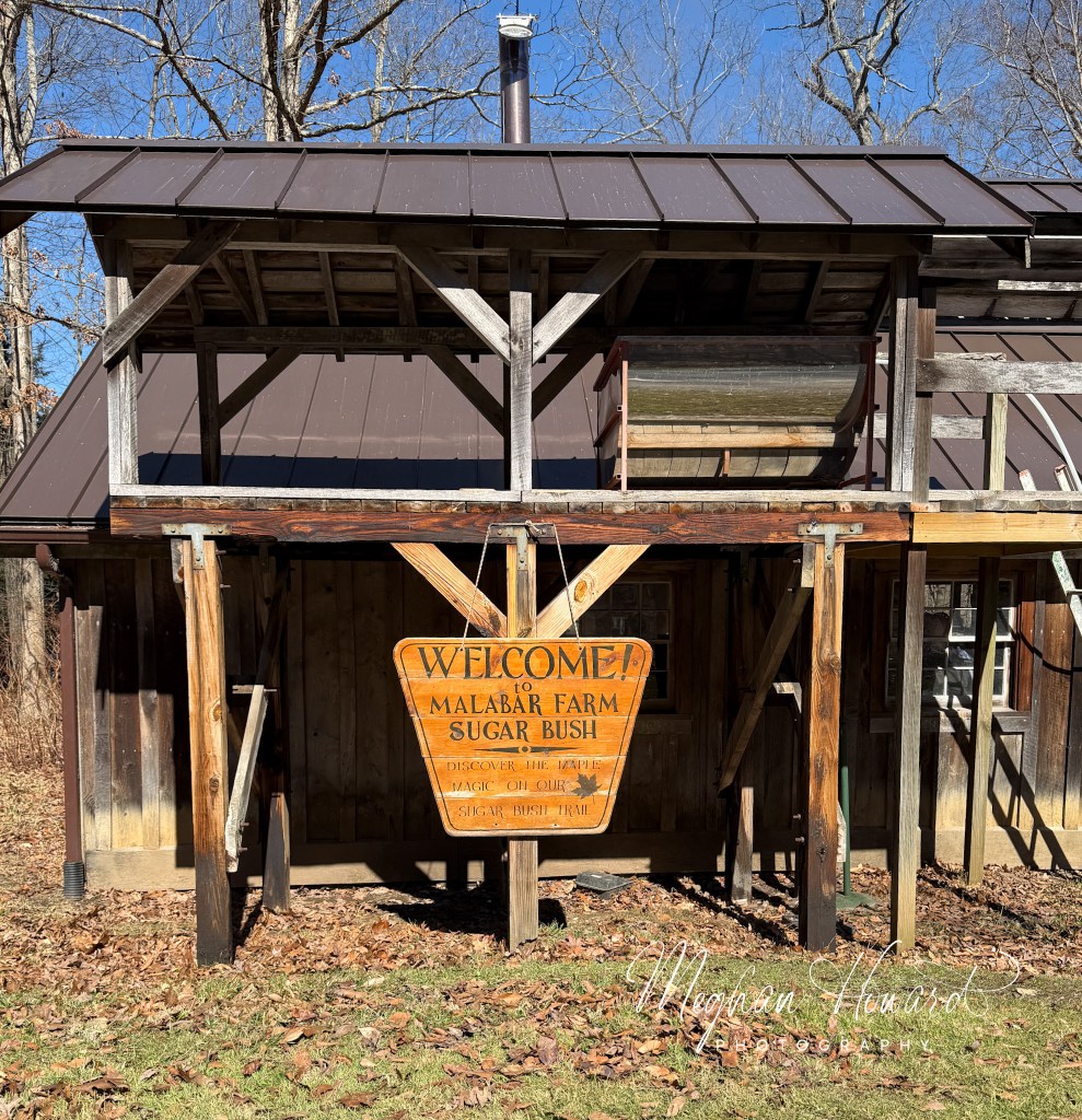 Welcome sign for the Malabar Farm Sugar Bush trail where maple sap is collected